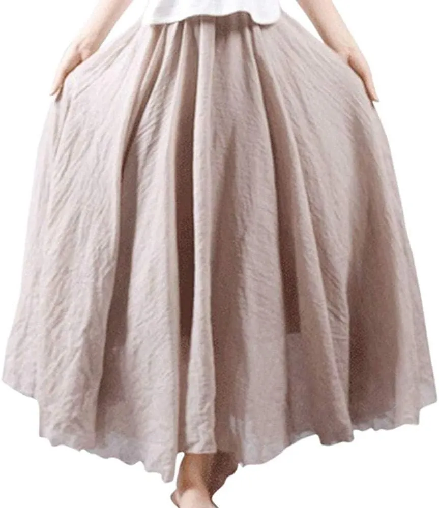 Women's Bohemian Style Elastic Waist Band Cotton Linen Long Maxi Skirt Dress Double Layer Skirts