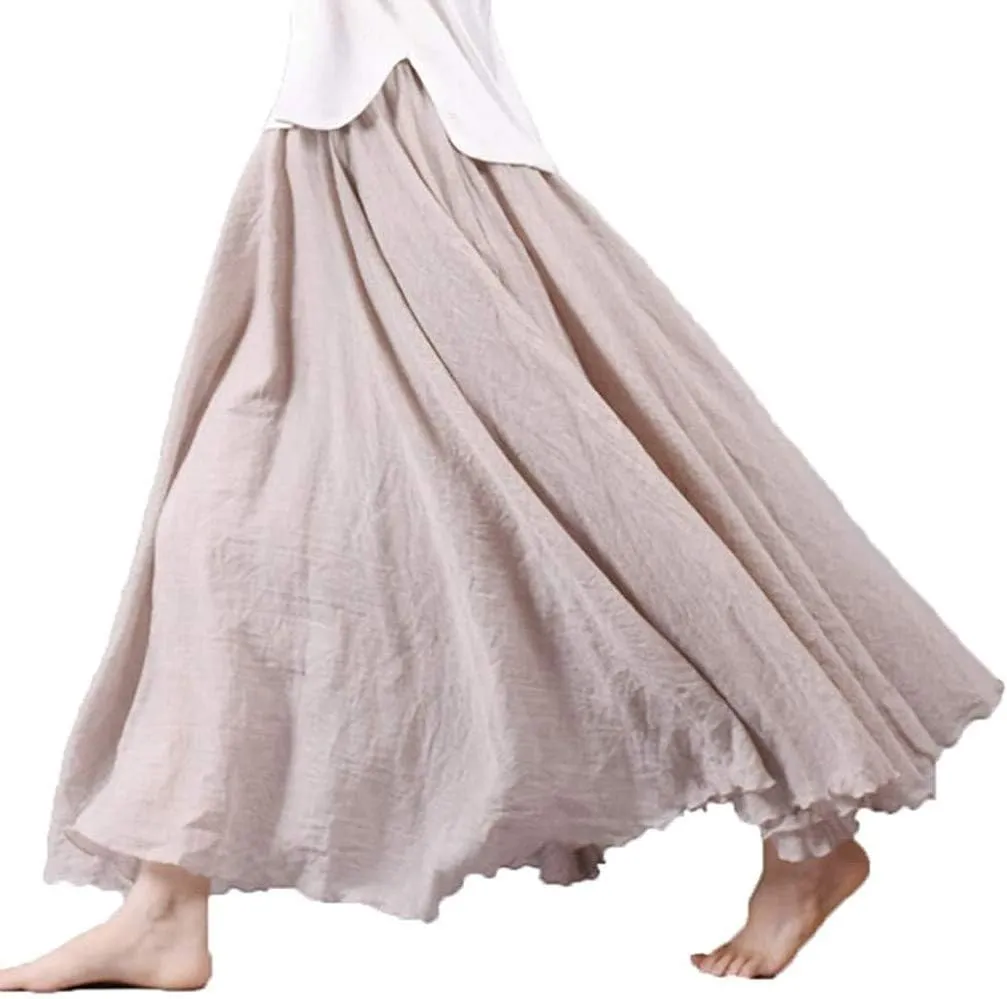 Women's Bohemian Style Elastic Waist Band Cotton Linen Long Maxi Skirt Dress Double Layer Skirts