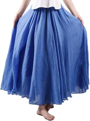 Women's Bohemian Style Elastic Waist Band Cotton Linen Long Maxi Skirt Dress Double Layer Skirts