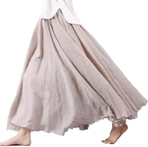 Women's Bohemian Style Elastic Waist Band Cotton Linen Long Maxi Skirt Dress Double Layer Skirts