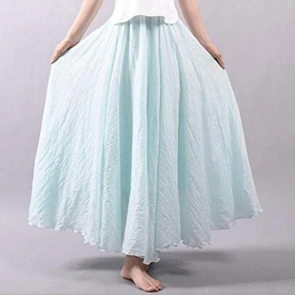 Women's Bohemian Style Elastic Waist Band Cotton Linen Long Maxi Skirt Dress Double Layer Skirts