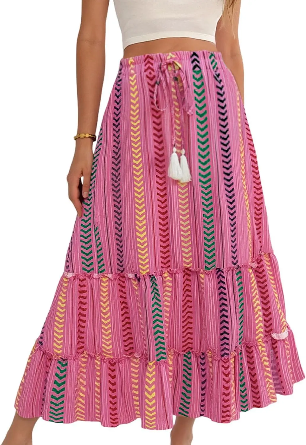 Womens Boho Maxi Skirt 2025 Summer Bohemian Elastic High Waist Skirts Tiered Patchwork Long Skirt for Beach
