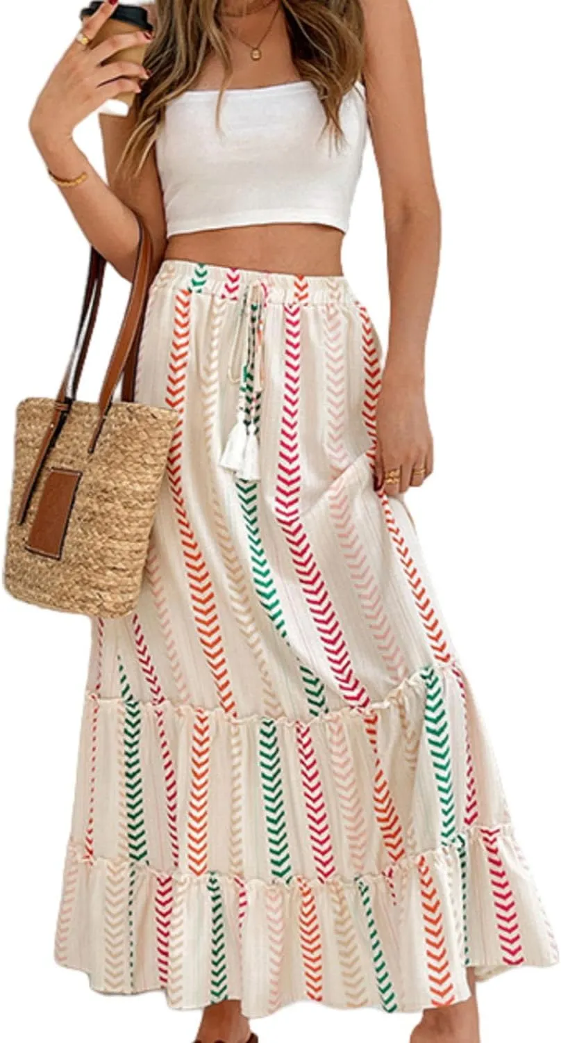 Womens Boho Maxi Skirt 2025 Summer Bohemian Elastic High Waist Skirts Tiered Patchwork Long Skirt for Beach