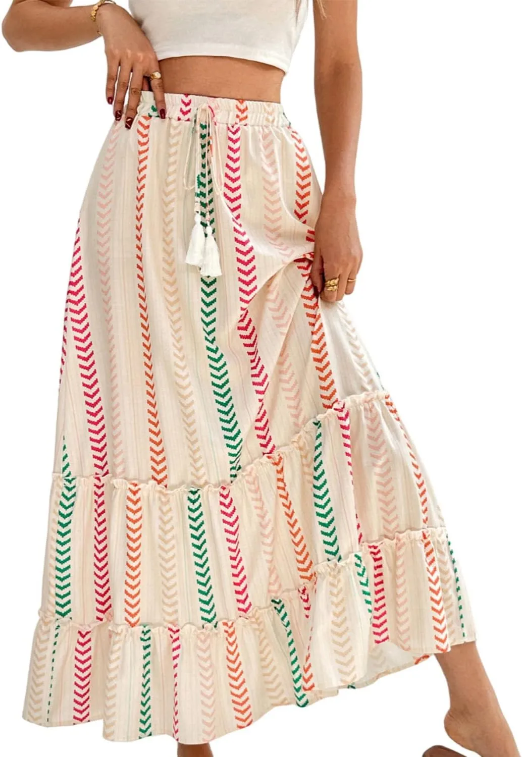 Womens Boho Maxi Skirt 2025 Summer Bohemian Elastic High Waist Skirts Tiered Patchwork Long Skirt for Beach