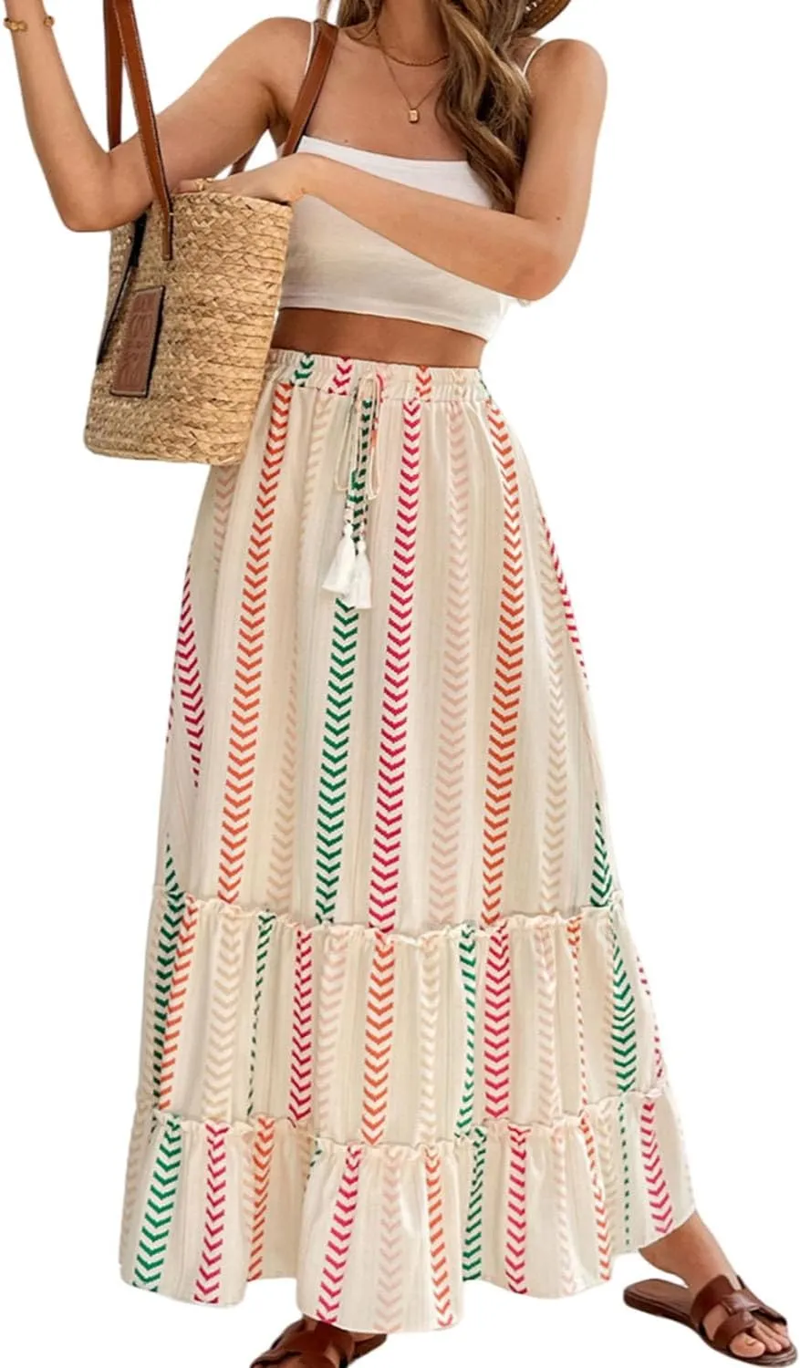 Womens Boho Maxi Skirt 2025 Summer Bohemian Elastic High Waist Skirts Tiered Patchwork Long Skirt for Beach