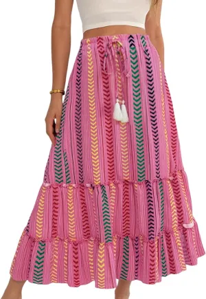 Womens Boho Maxi Skirt 2025 Summer Bohemian Elastic High Waist Skirts Tiered Patchwork Long Skirt for Beach