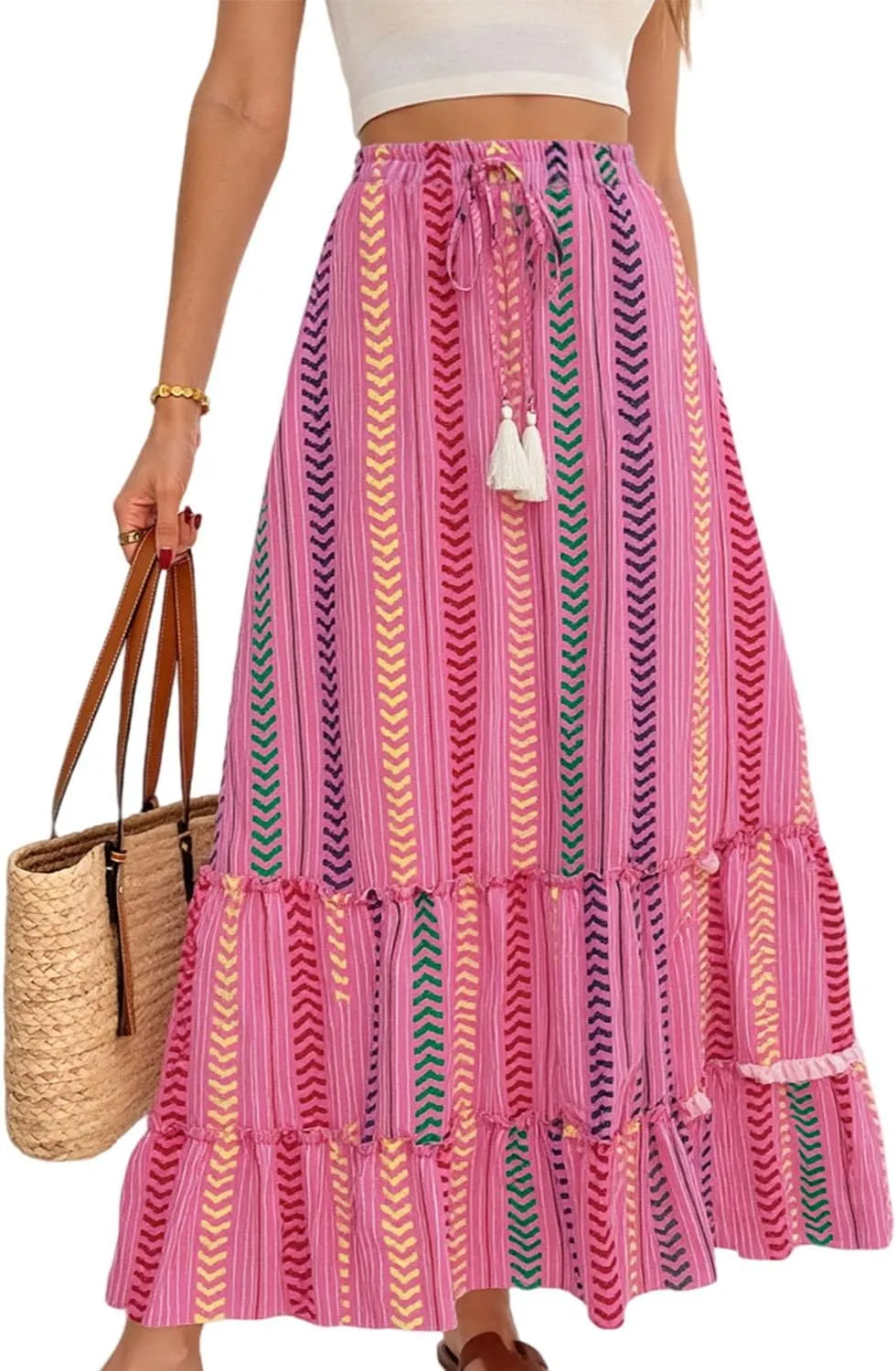 Womens Boho Maxi Skirt 2025 Summer Bohemian Elastic High Waist Skirts Tiered Patchwork Long Skirt for Beach