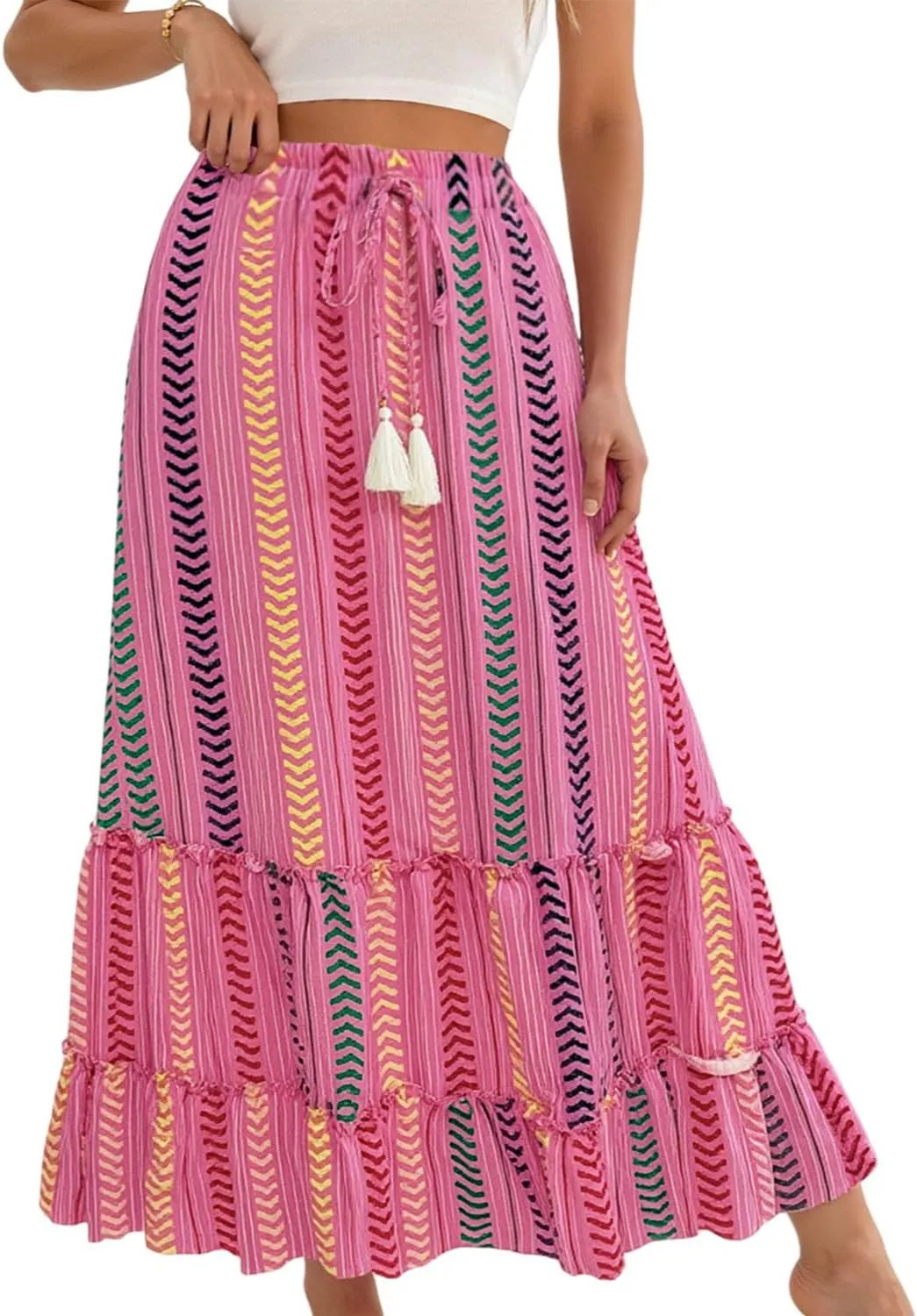Womens Boho Maxi Skirt 2025 Summer Bohemian Elastic High Waist Skirts Tiered Patchwork Long Skirt for Beach