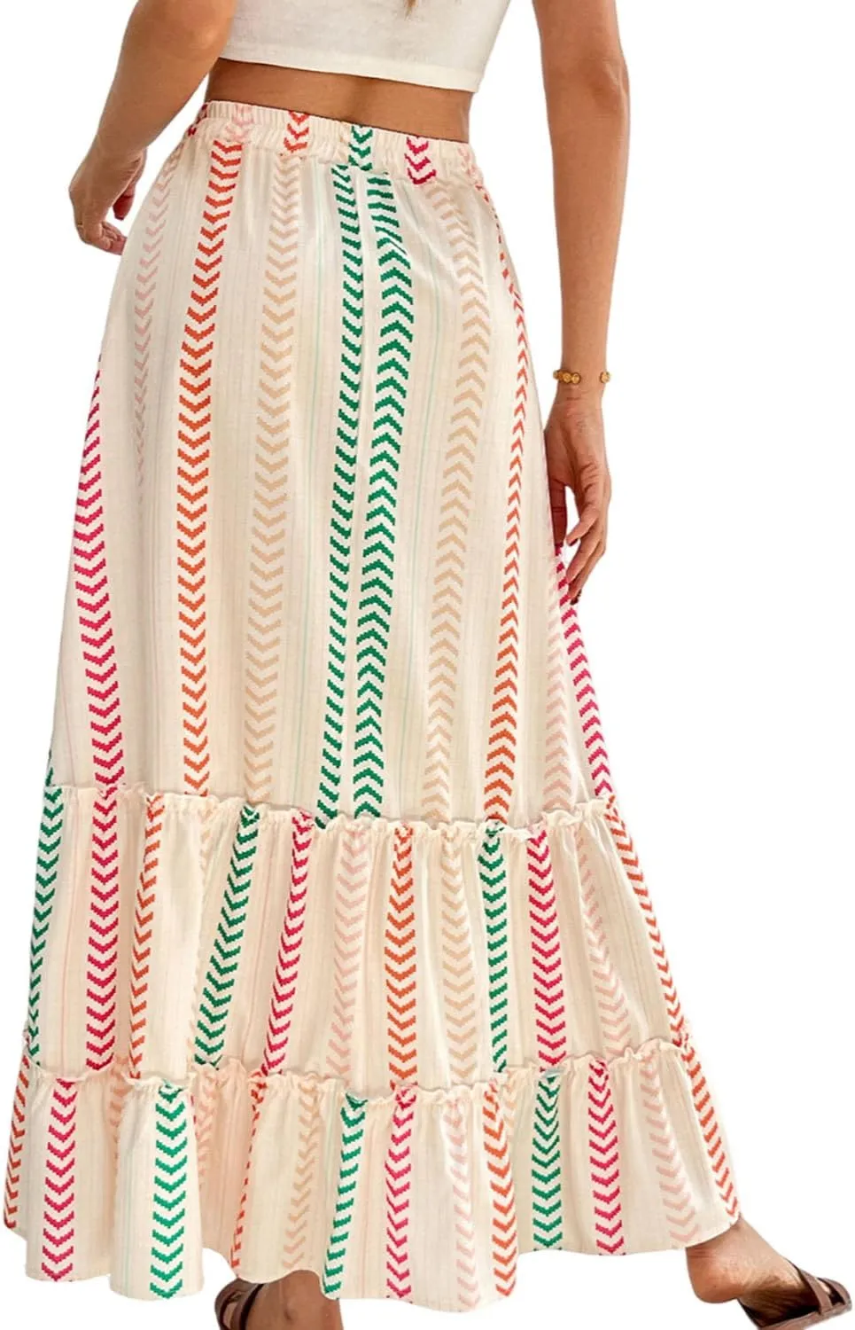Womens Boho Maxi Skirt 2025 Summer Bohemian Elastic High Waist Skirts Tiered Patchwork Long Skirt for Beach