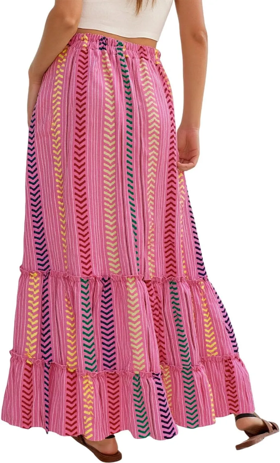Womens Boho Maxi Skirt 2025 Summer Bohemian Elastic High Waist Skirts Tiered Patchwork Long Skirt for Beach