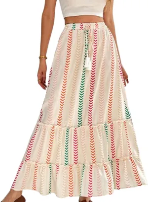 Womens Boho Maxi Skirt 2025 Summer Bohemian Elastic High Waist Skirts Tiered Patchwork Long Skirt for Beach