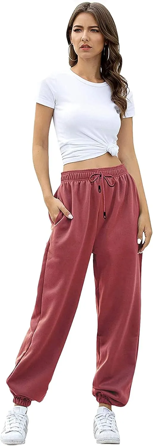 Womens Cinch Bottom Sweatpants Pockets High Waist Sporty Gym Athletic Fit Jogger Pants Lounge Trousers