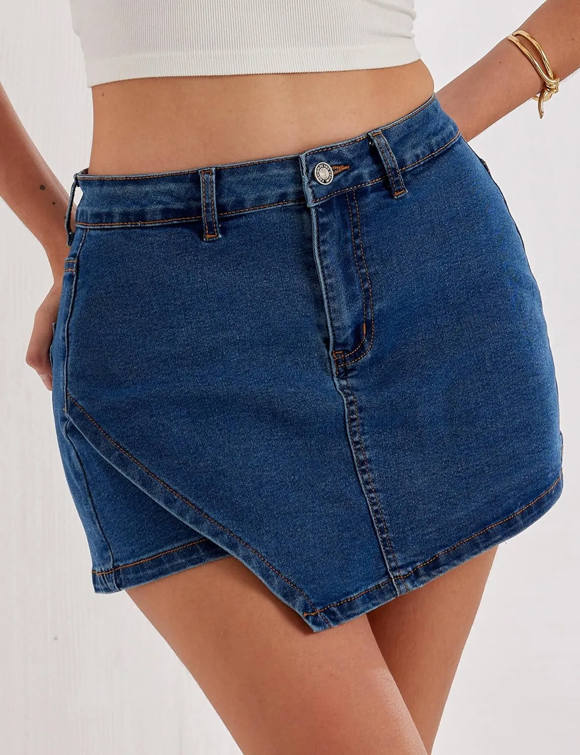 Womens Denim Skorts Stretchy High Waisted Jean Skort for Women Trendy Asymmetrical Mini Skirt with Shorts and Pockets