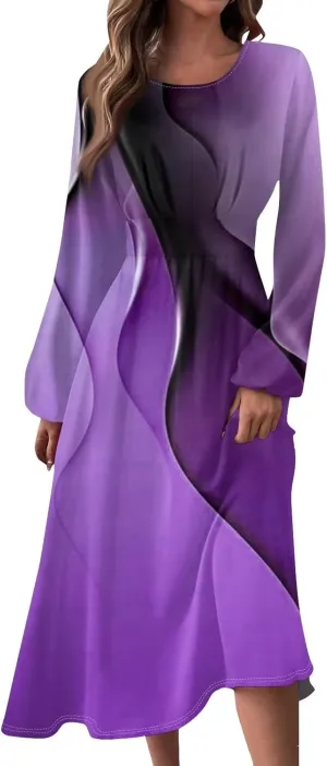 Women's Elegant Long Sleeve Gradient Midi Dress Stylish Casual Wear for Parties Work and Everyday Outfits