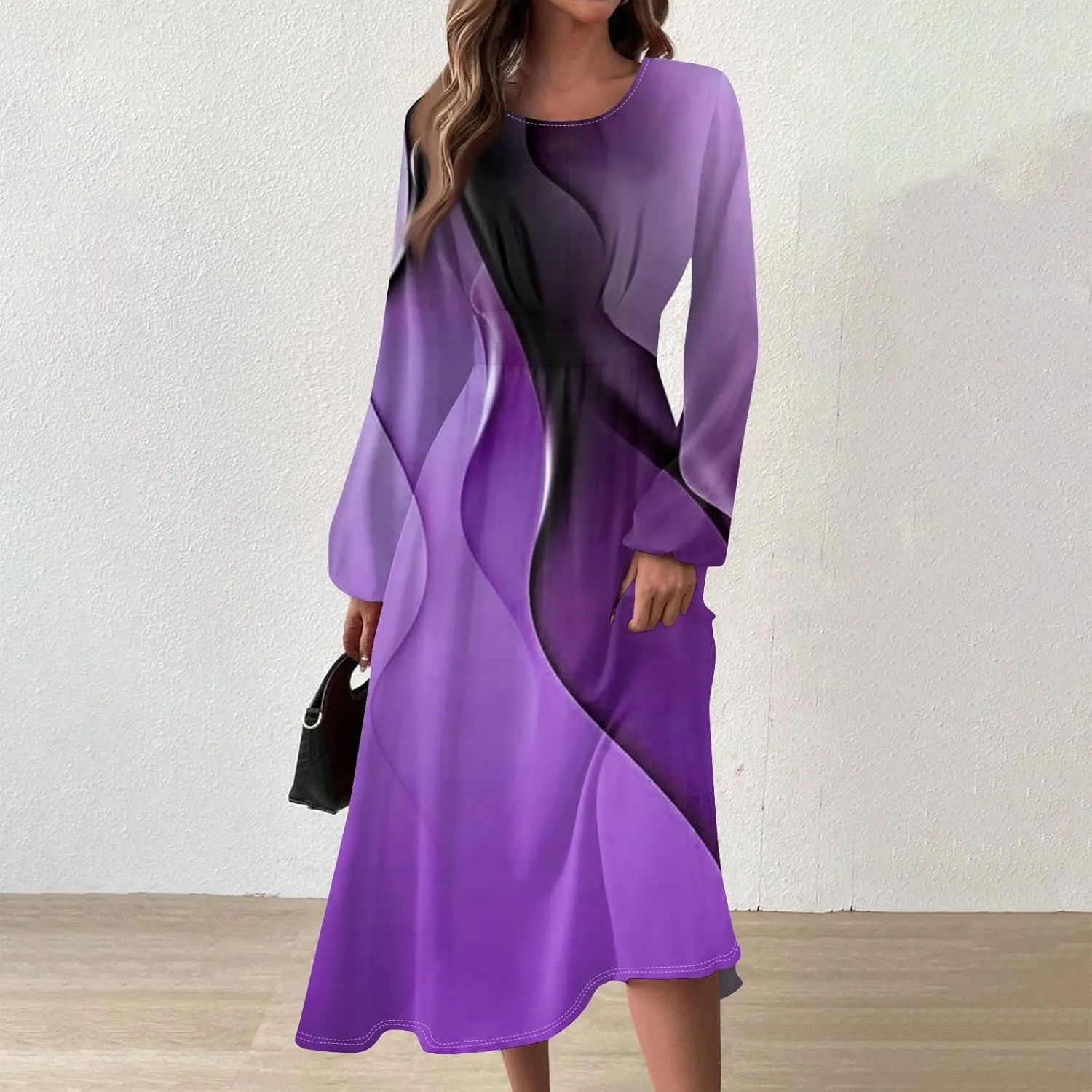 Women's Elegant Long Sleeve Gradient Midi Dress Stylish Casual Wear for Parties Work and Everyday Outfits