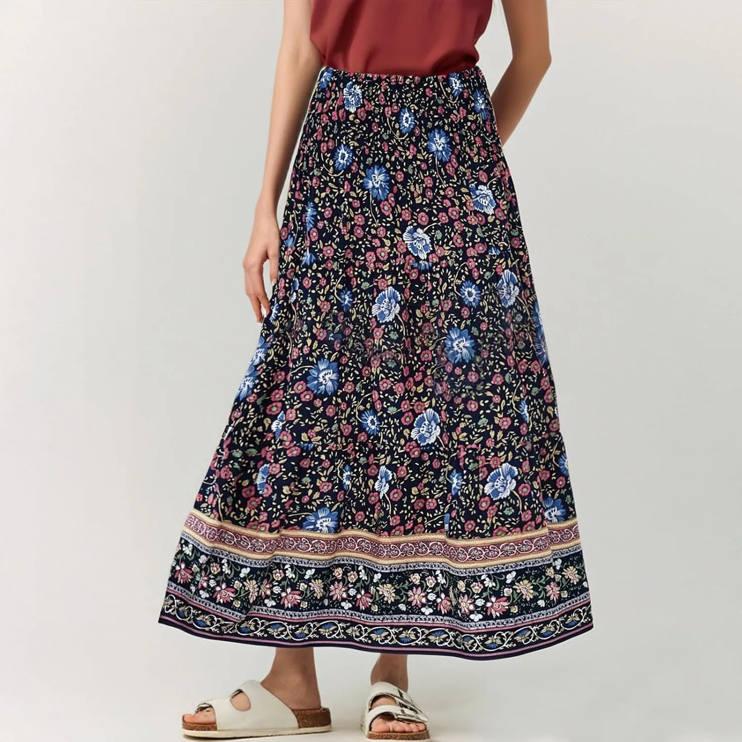 Women's Fashion Maxi Skirts Solid Color Beach High Waist Bohemian A-Line Layered Halter Flowy Skirt