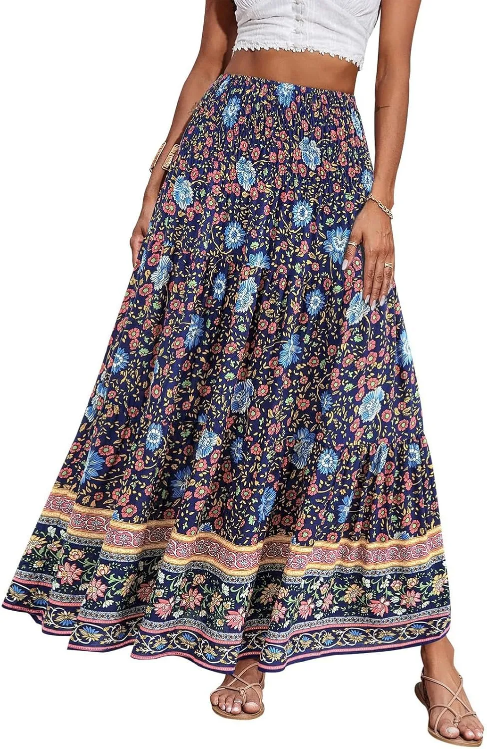Women's Fashion Maxi Skirts Solid Color Beach High Waist Bohemian A-Line Layered Halter Flowy Skirt