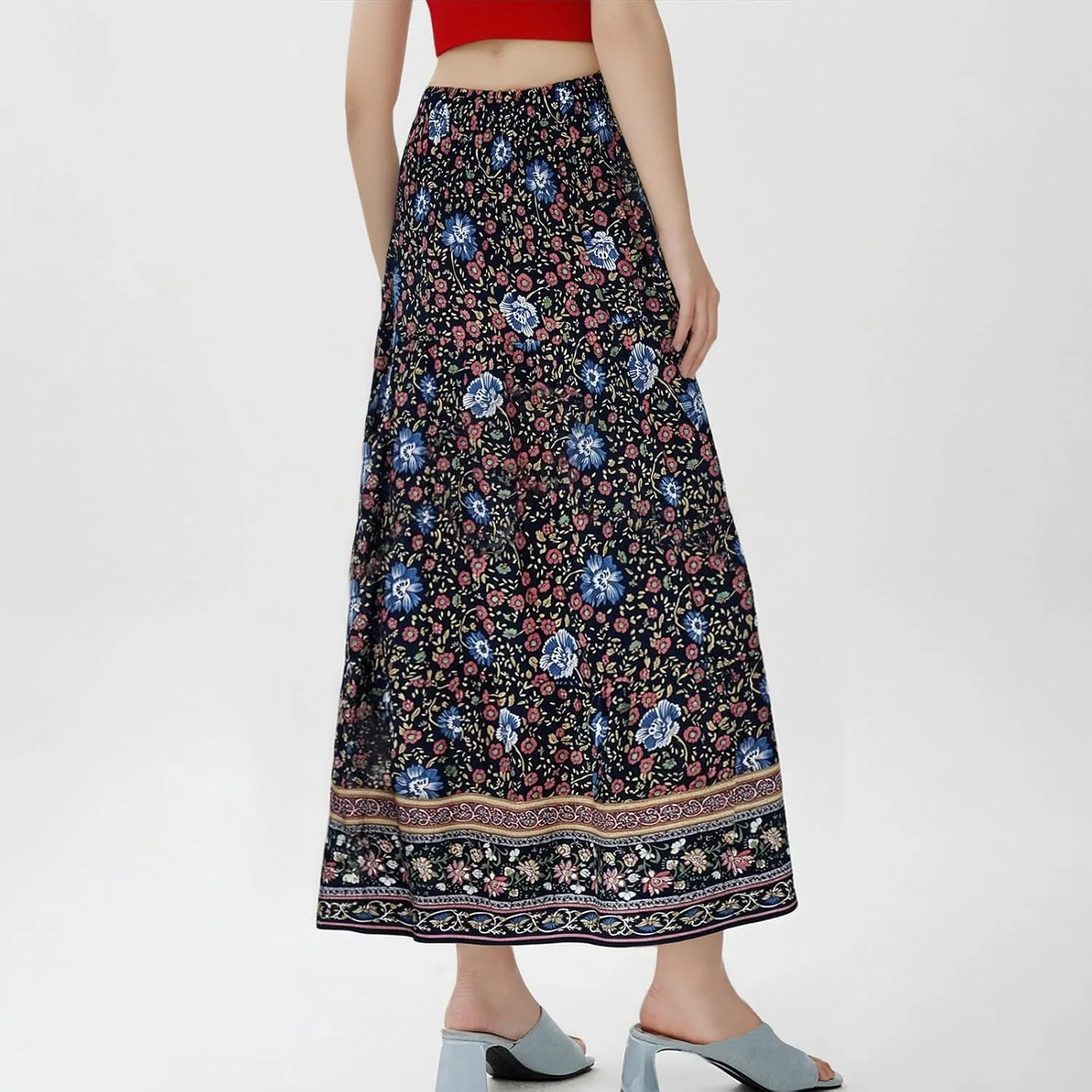 Women's Fashion Maxi Skirts Solid Color Beach High Waist Bohemian A-Line Layered Halter Flowy Skirt