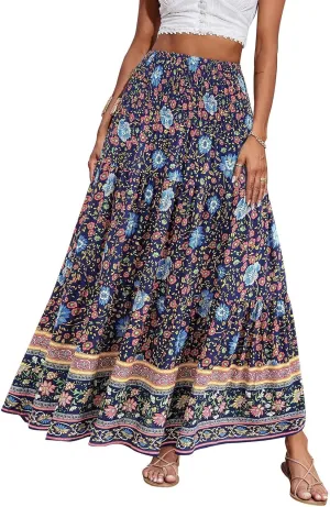 Women's Fashion Maxi Skirts Solid Color Beach High Waist Bohemian A-Line Layered Halter Flowy Skirt