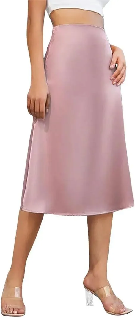 Womens High Waist Elegant Skirt A-LINE Satin Silk Solid Zipper Summer Midi Skirt