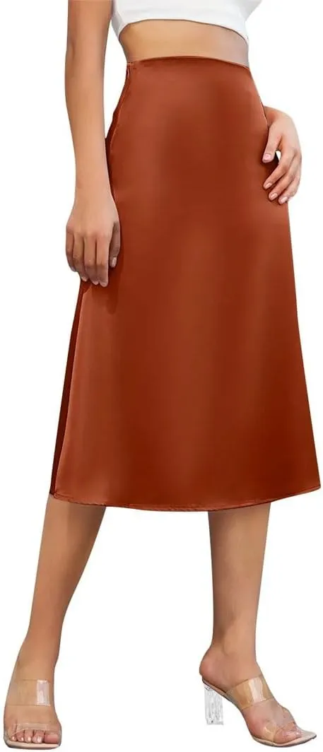 Womens High Waist Elegant Skirt A-LINE Satin Silk Solid Zipper Summer Midi Skirt