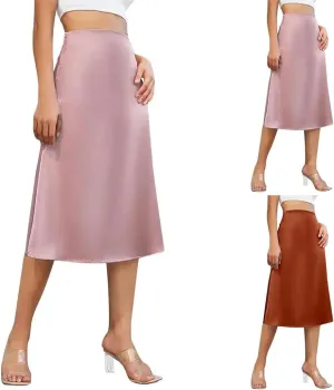 Womens High Waist Elegant Skirt A-LINE Satin Silk Solid Zipper Summer Midi Skirt