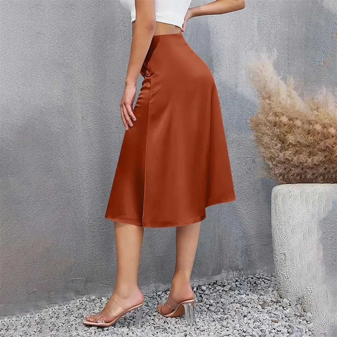 Womens High Waist Elegant Skirt A-LINE Satin Silk Solid Zipper Summer Midi Skirt
