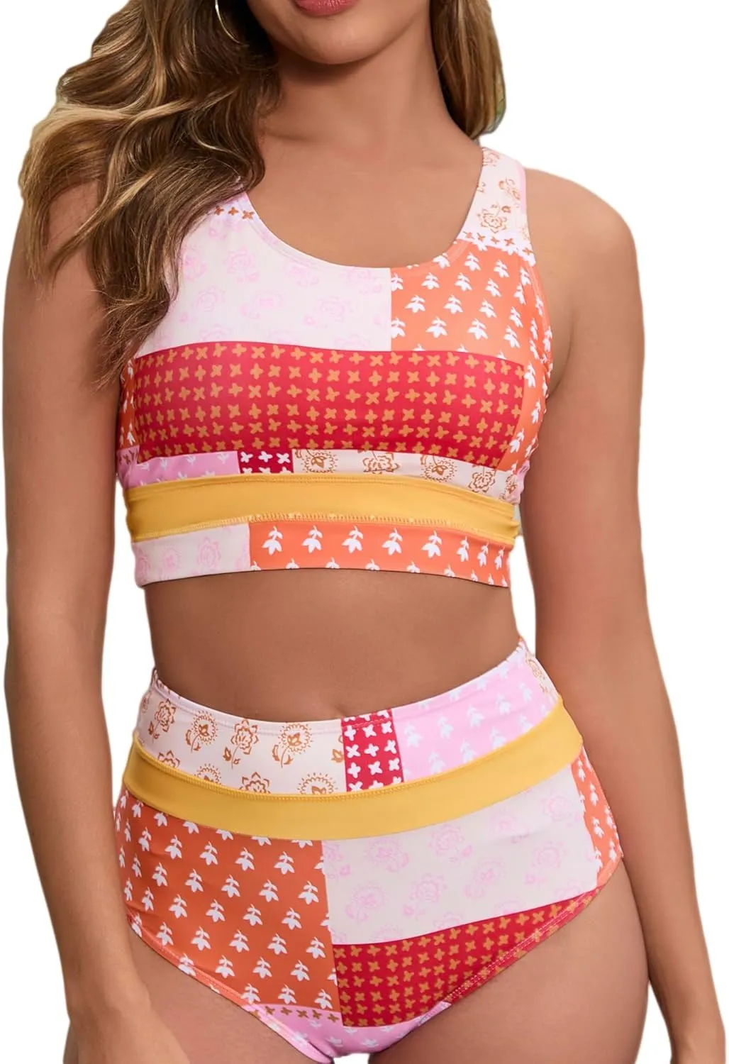 Women's High Waisted Bikini Sets Two Piece Swimsuit Color Block Sporty Athletic Moderate Coverage Bathing Suits