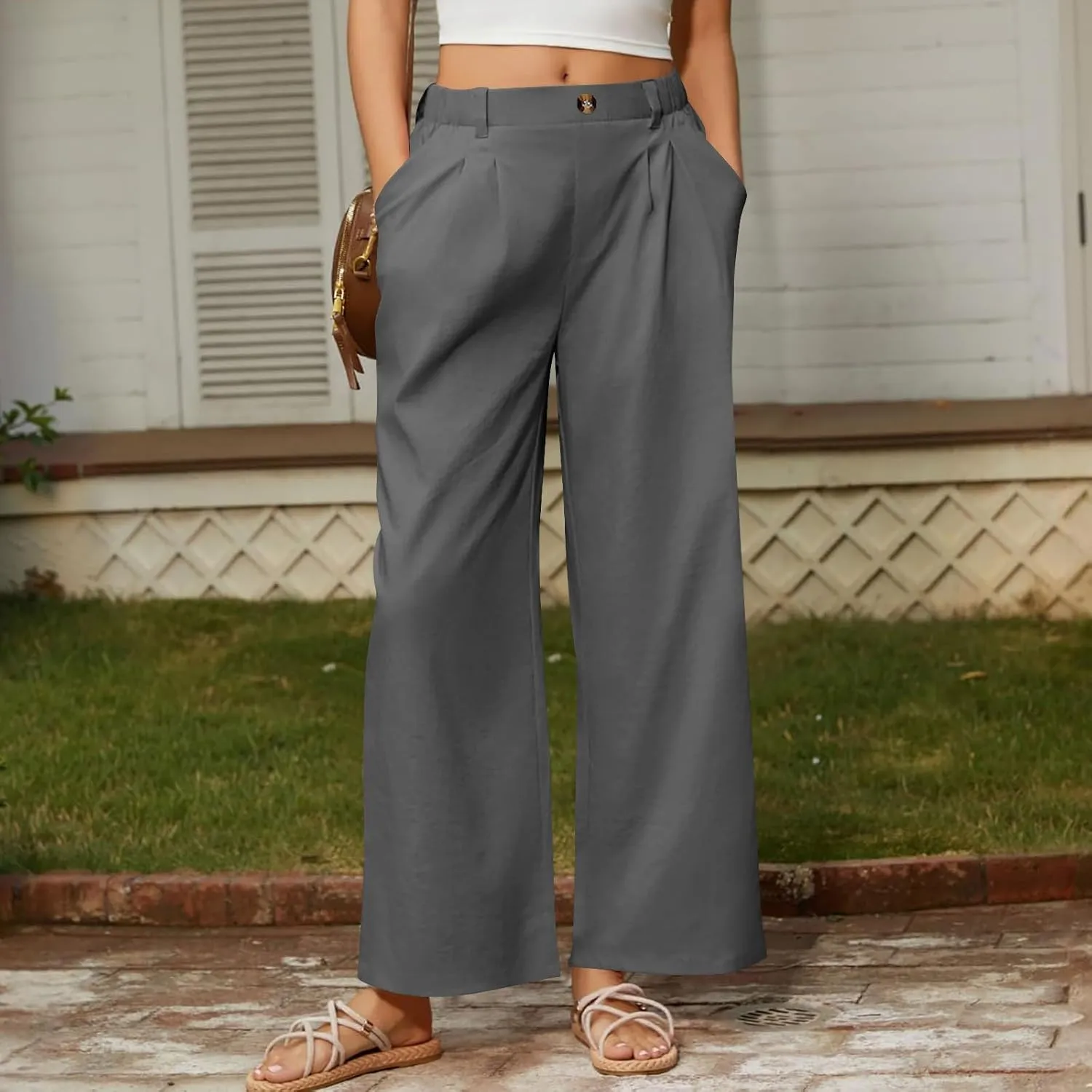 Women's High Waisted Cotton Linen Pants Wide Leg Dress Pants Palazzo Trousers Business Casual Work Pants with Pockets