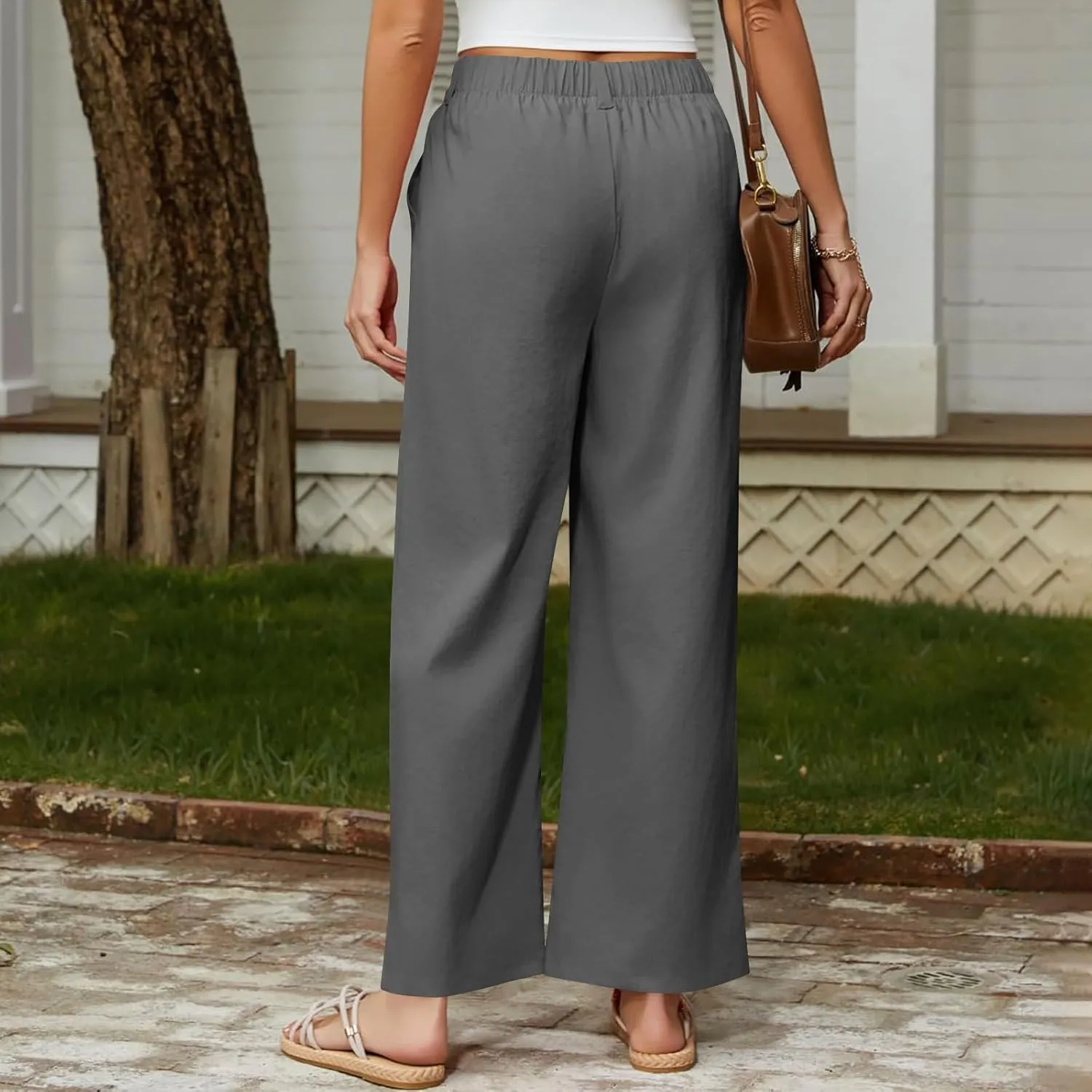 Women's High Waisted Cotton Linen Pants Wide Leg Dress Pants Palazzo Trousers Business Casual Work Pants with Pockets