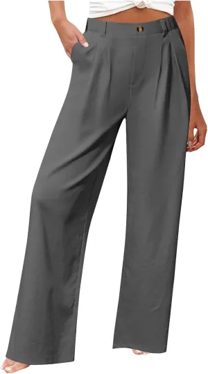 Women's High Waisted Cotton Linen Pants Wide Leg Dress Pants Palazzo Trousers Business Casual Work Pants with Pockets