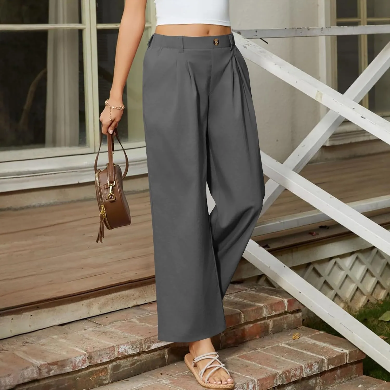 Women's High Waisted Cotton Linen Pants Wide Leg Dress Pants Palazzo Trousers Business Casual Work Pants with Pockets