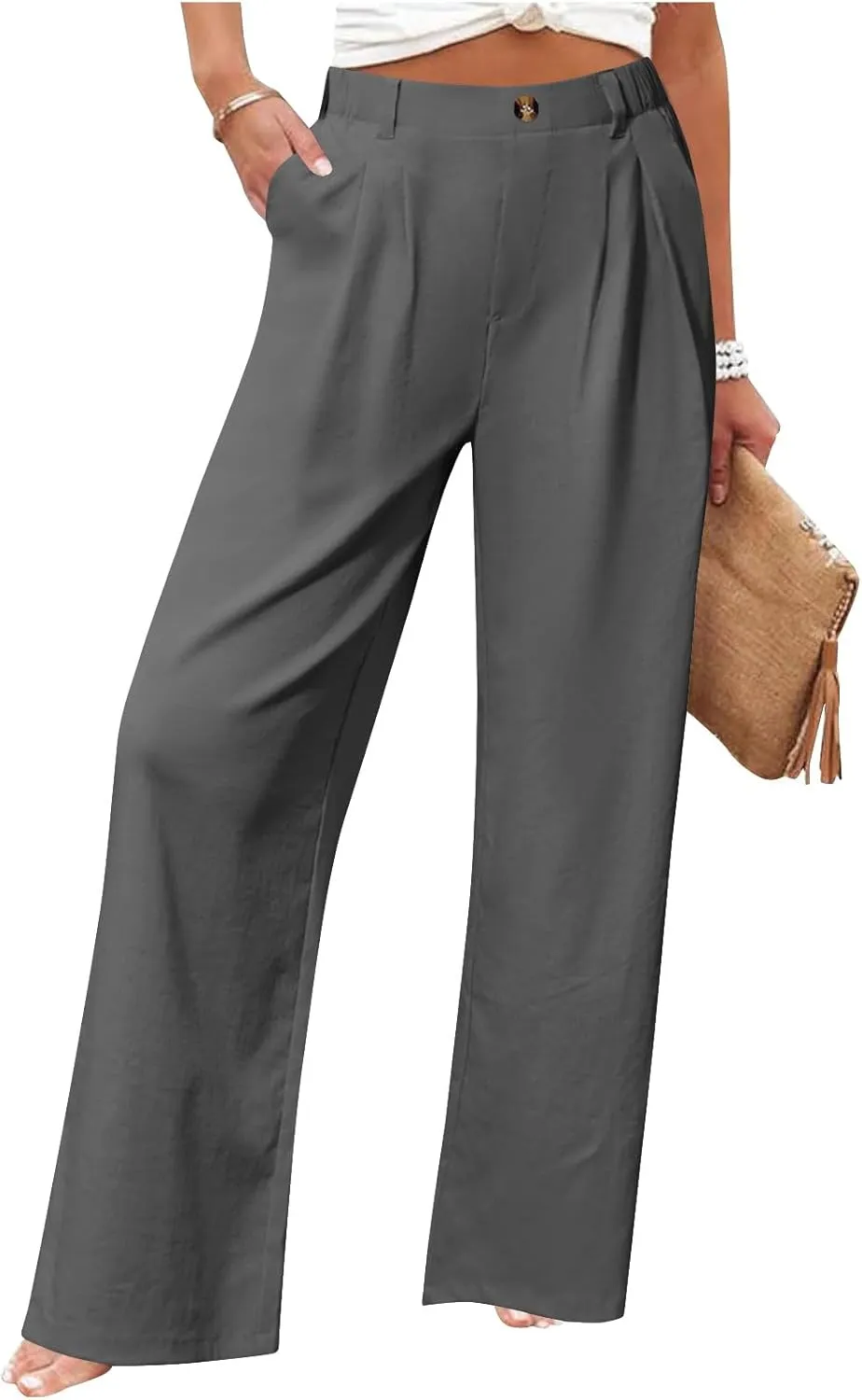 Women's High Waisted Cotton Linen Pants Wide Leg Dress Pants Palazzo Trousers Business Casual Work Pants with Pockets