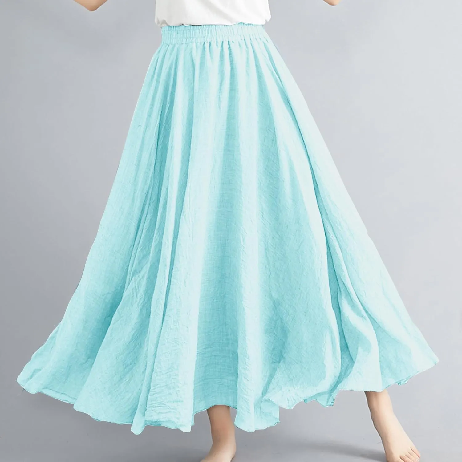 Womens Linen A-Line Skirts Elastic High Waisted Maxi Skirts Bohemian Casual Flowy Solid Beach Vacation Long Skirt