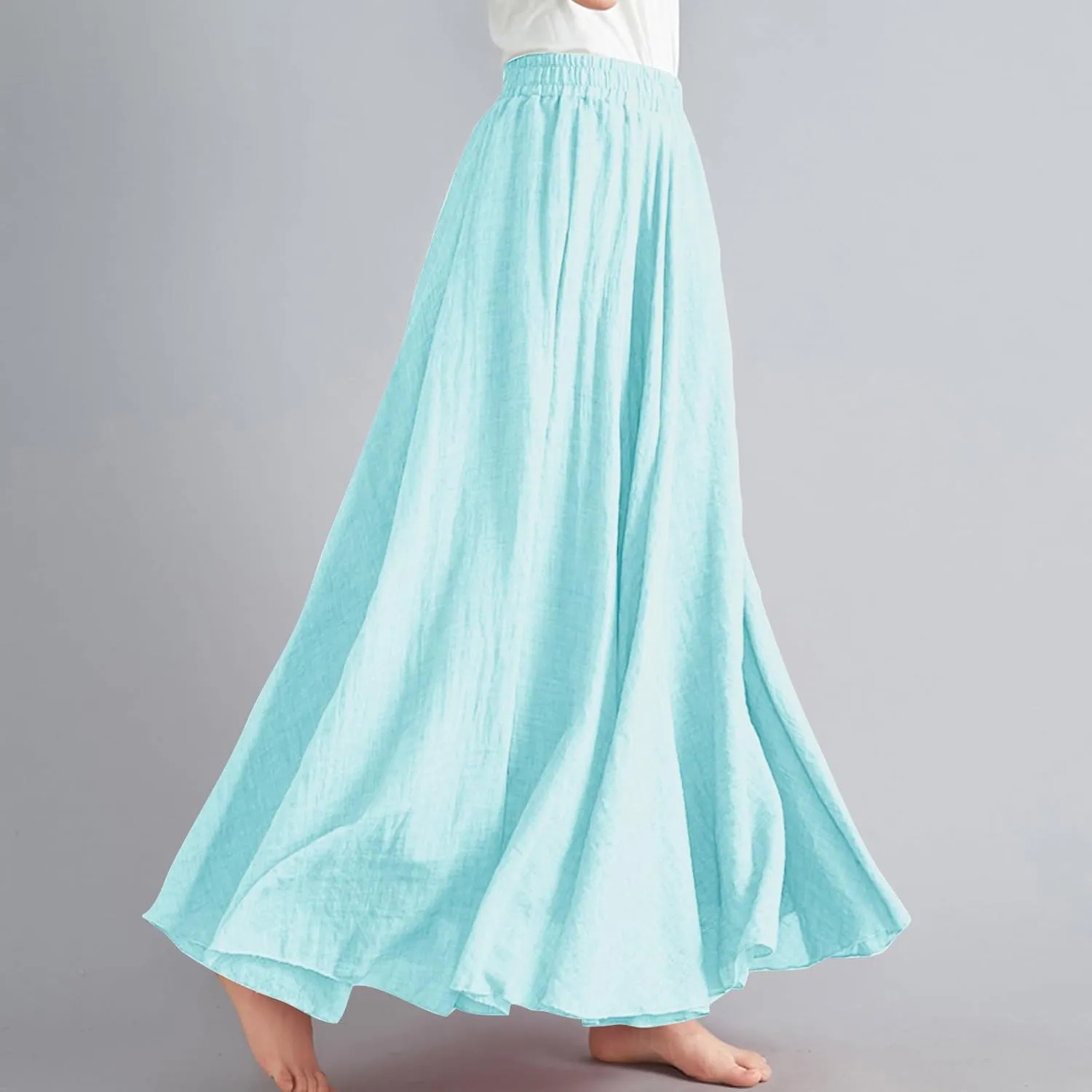 Womens Linen A-Line Skirts Elastic High Waisted Maxi Skirts Bohemian Casual Flowy Solid Beach Vacation Long Skirt