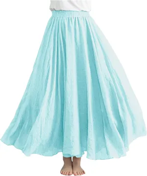 Womens Linen A-Line Skirts Elastic High Waisted Maxi Skirts Bohemian Casual Flowy Solid Beach Vacation Long Skirt