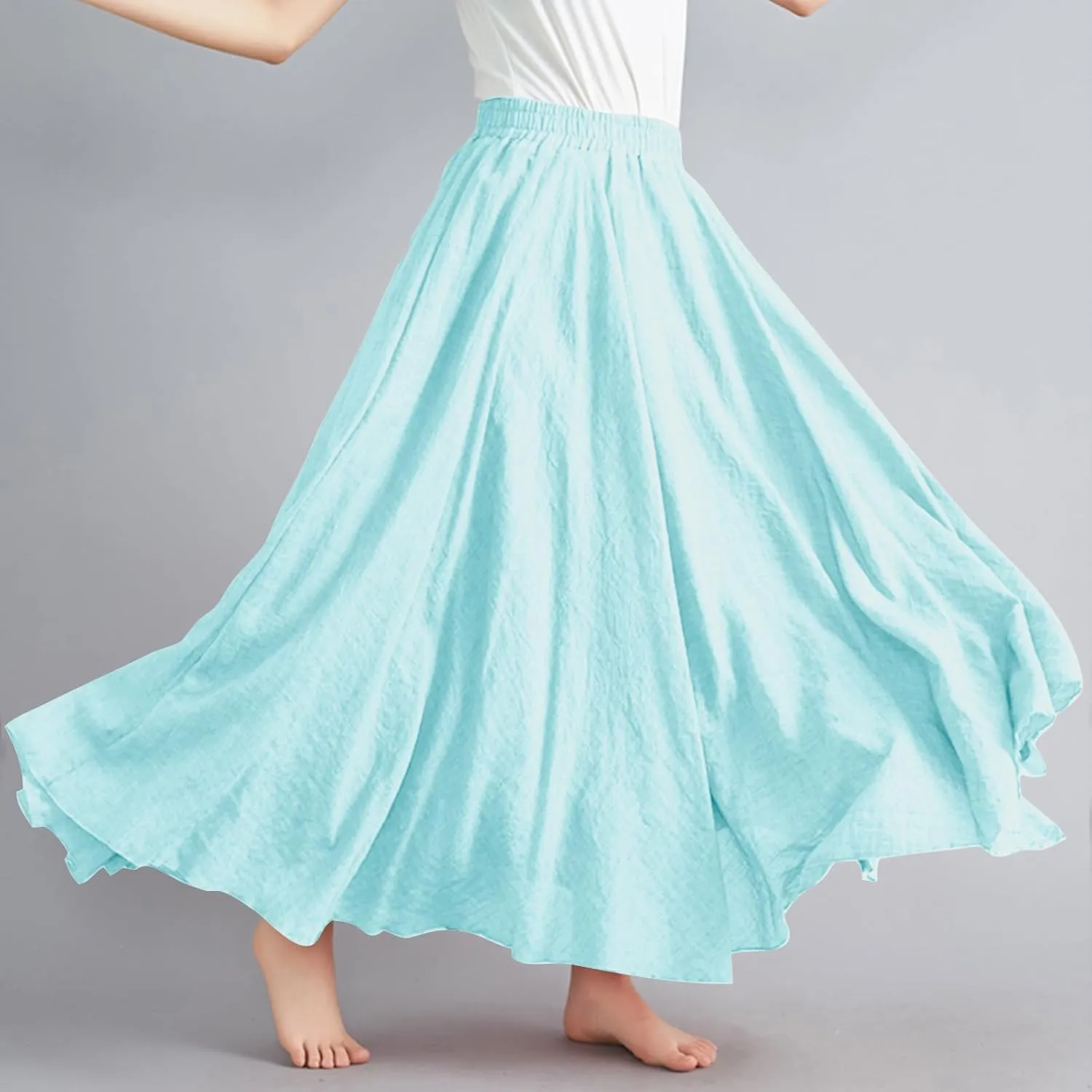 Womens Linen A-Line Skirts Elastic High Waisted Maxi Skirts Bohemian Casual Flowy Solid Beach Vacation Long Skirt