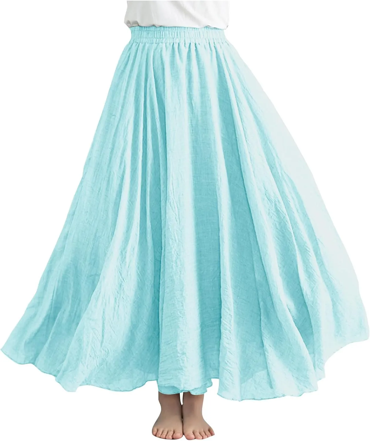 Womens Linen A-Line Skirts Elastic High Waisted Maxi Skirts Bohemian Casual Flowy Solid Beach Vacation Long Skirt
