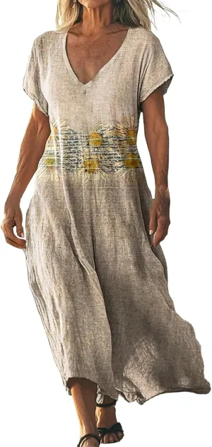 Womens Linen Dresses Loose Flowy V Neck Short Sleeve 2025 Boho Print Maxi Dress Lightweight Summer Beach Vacation