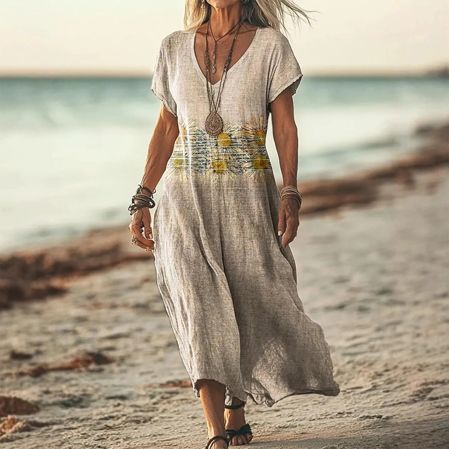 Womens Linen Dresses Loose Flowy V Neck Short Sleeve 2025 Boho Print Maxi Dress Lightweight Summer Beach Vacation