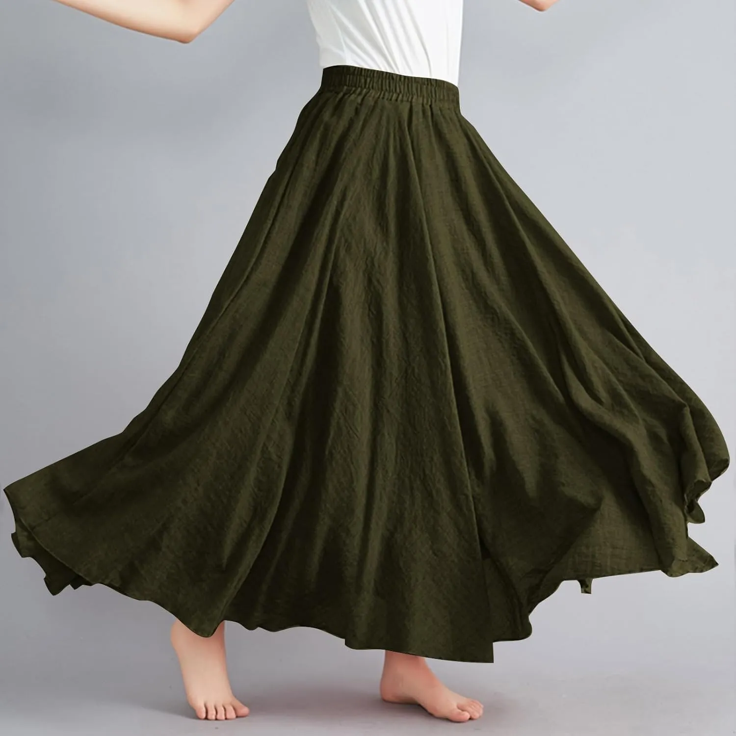 Womens Linen Maxi Skirts Solid Color Elastic Waist Pleated Beach Bohemian Long Skorts Casual Flowy Swing Maxi Skirt
