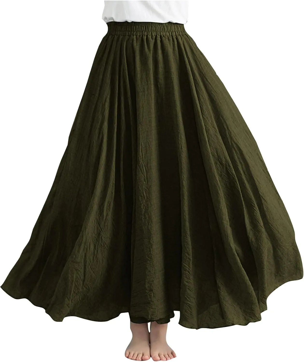 Womens Linen Maxi Skirts Solid Color Elastic Waist Pleated Beach Bohemian Long Skorts Casual Flowy Swing Maxi Skirt