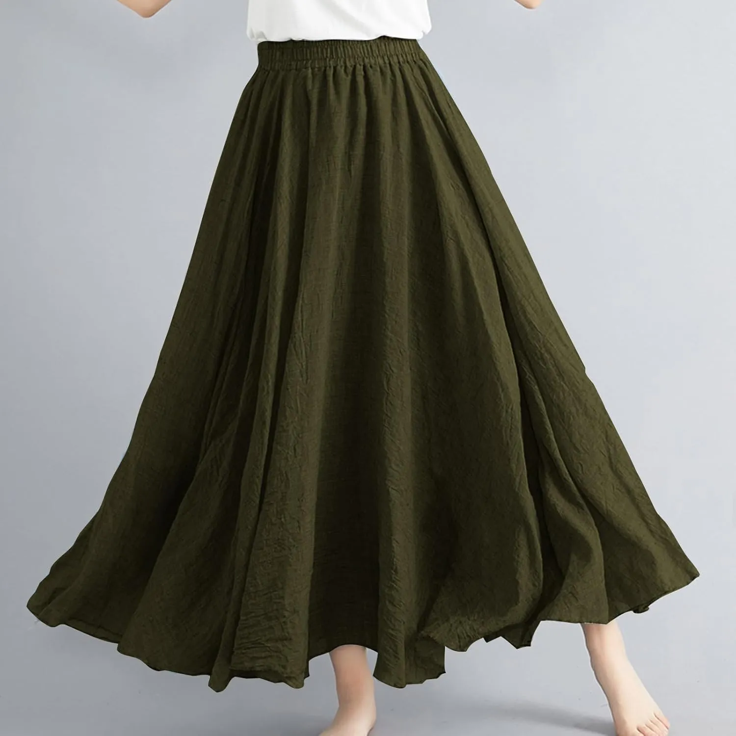 Womens Linen Maxi Skirts Solid Color Elastic Waist Pleated Beach Bohemian Long Skorts Casual Flowy Swing Maxi Skirt