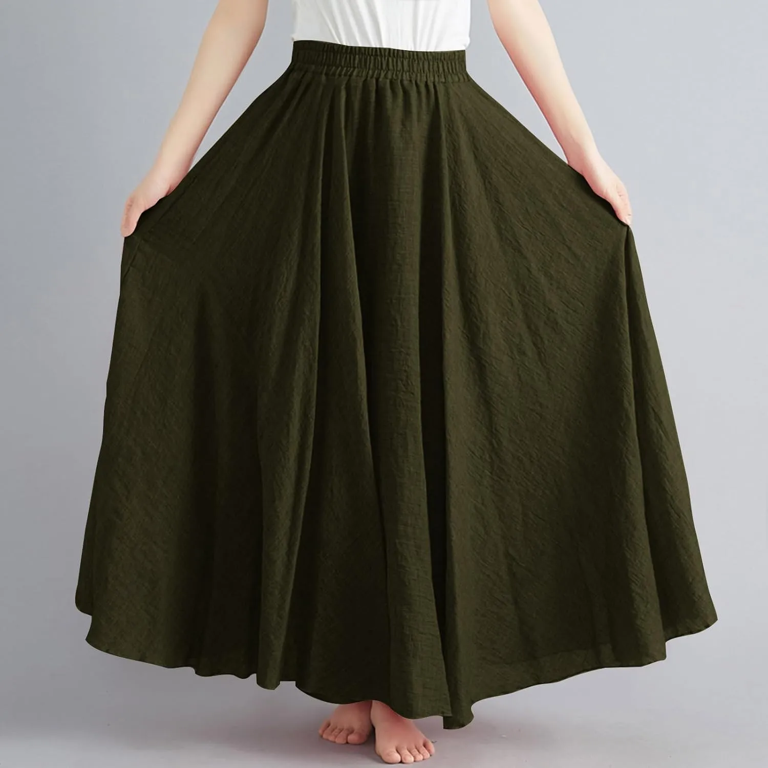 Womens Linen Maxi Skirts Solid Color Elastic Waist Pleated Beach Bohemian Long Skorts Casual Flowy Swing Maxi Skirt