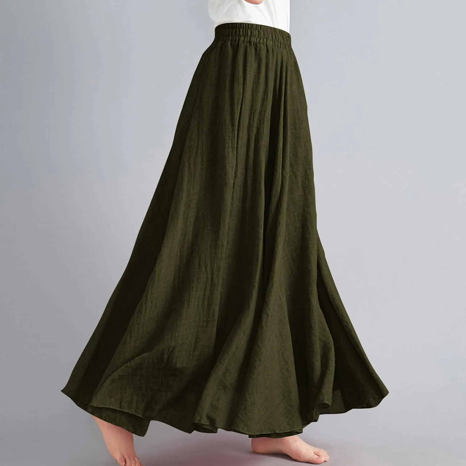 Womens Linen Maxi Skirts Solid Color Elastic Waist Pleated Beach Bohemian Long Skorts Casual Flowy Swing Maxi Skirt