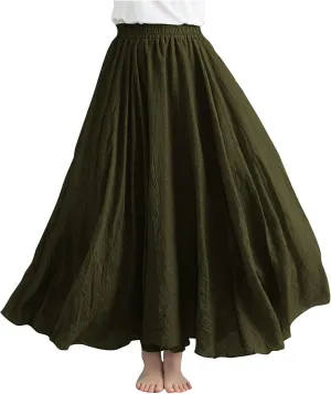Womens Linen Maxi Skirts Solid Color Elastic Waist Pleated Beach Bohemian Long Skorts Casual Flowy Swing Maxi Skirt