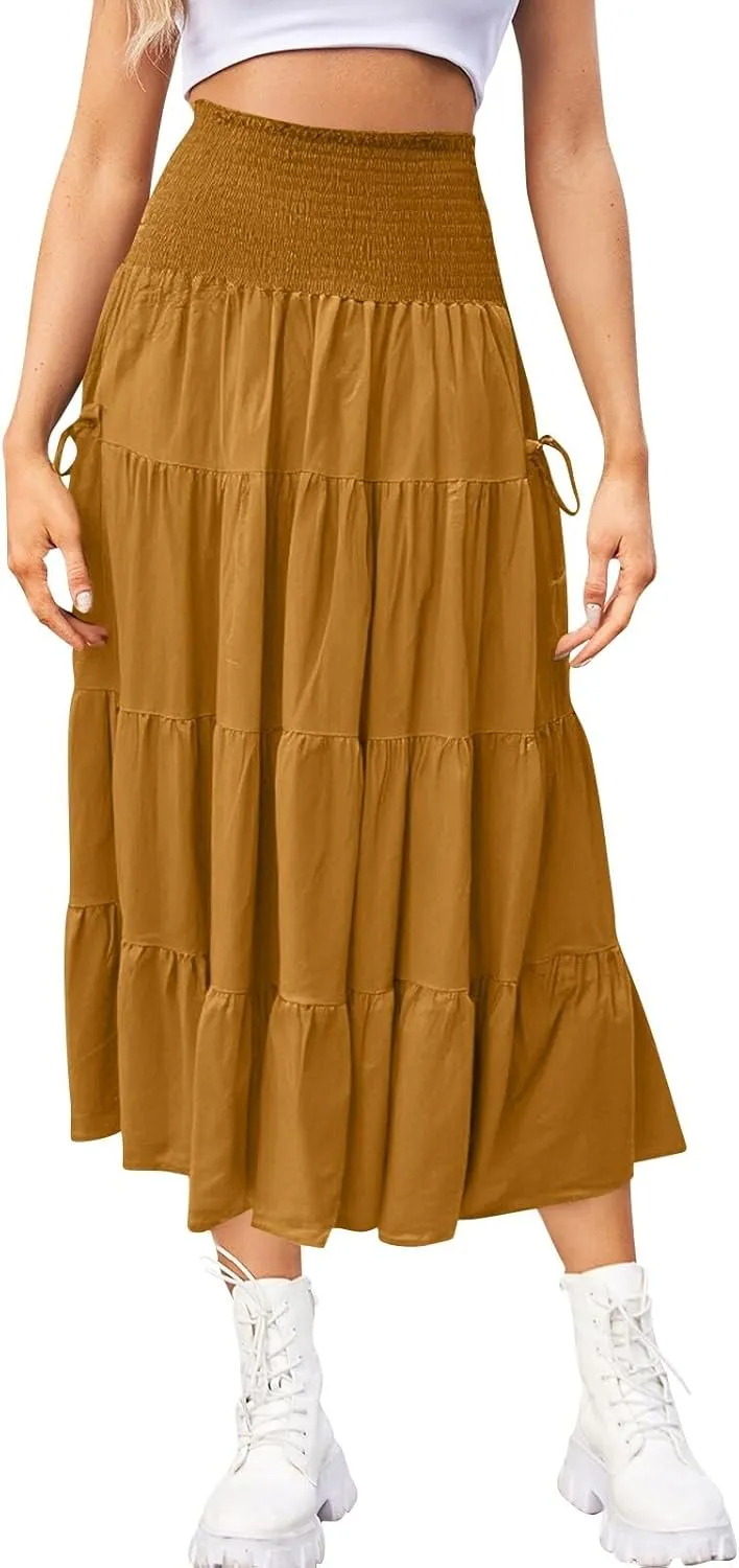 Women's Maxi Boho Skirt Long Hippie Bohemian Elastic Waist Gypsy Skirt Summer Flowy Pleated Tiered A Line Skirts