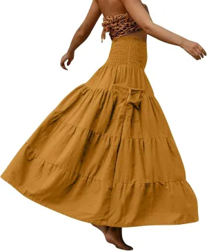 Women's Maxi Boho Skirt Long Hippie Bohemian Elastic Waist Gypsy Skirt Summer Flowy Pleated Tiered A Line Skirts