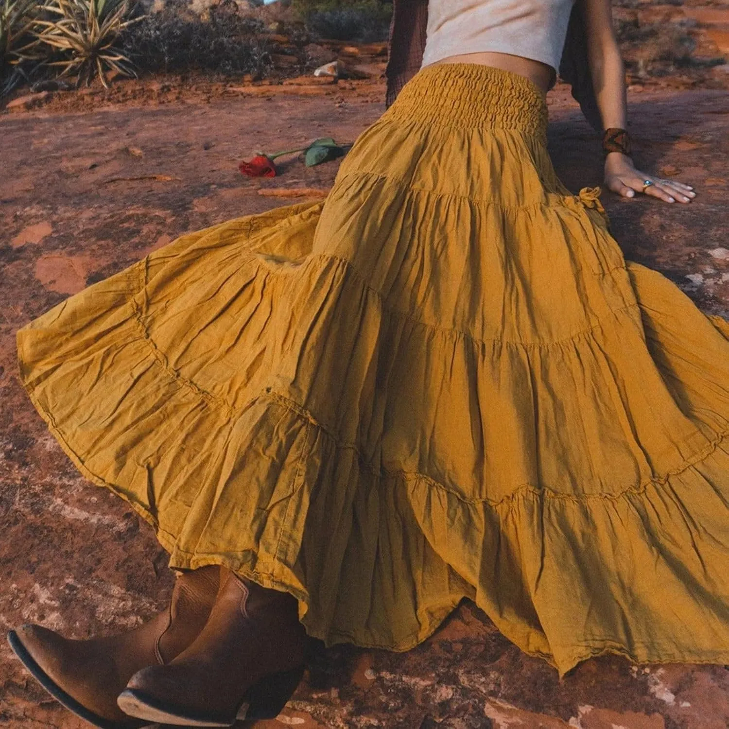 Women's Maxi Boho Skirt Long Hippie Bohemian Elastic Waist Gypsy Skirt Summer Flowy Pleated Tiered A Line Skirts