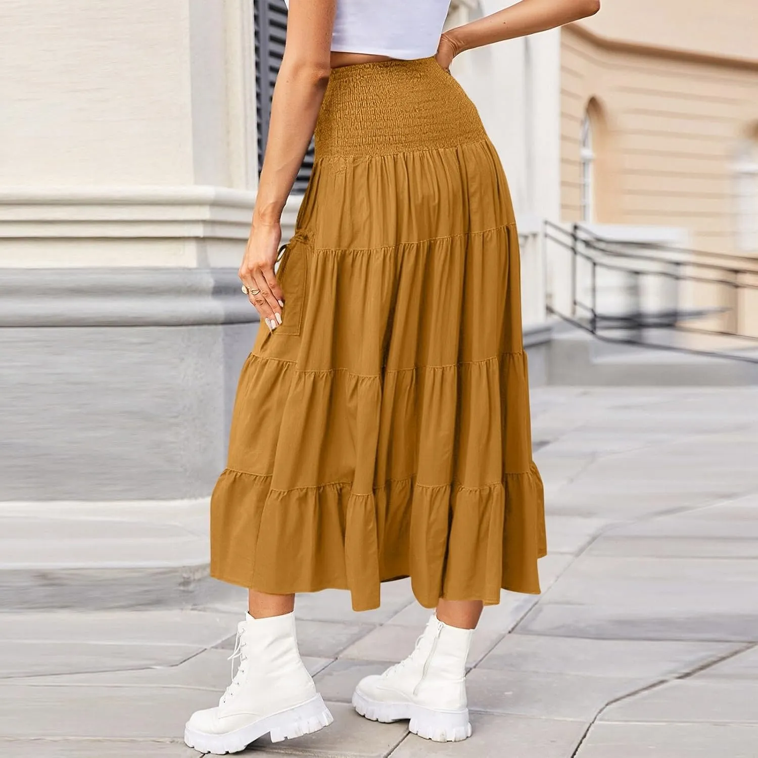 Women's Maxi Boho Skirt Long Hippie Bohemian Elastic Waist Gypsy Skirt Summer Flowy Pleated Tiered A Line Skirts